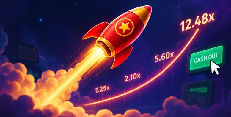 Rocket rising above a crash-game multiplier graph